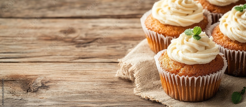 Aufkleber carrot cupcakes topped with creamy frosting on rustic wooden table with empty space for text in soft