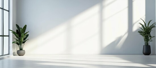 Bright Minimalist Office Interior with Sunlit Walls, White Floor, and Potted Green Plants, Spacious Layout Ideal for Text Placement