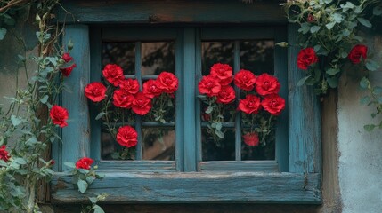 Charming window adorned with vibrant red carnations and lush trailing petunias in a picturesque setting.