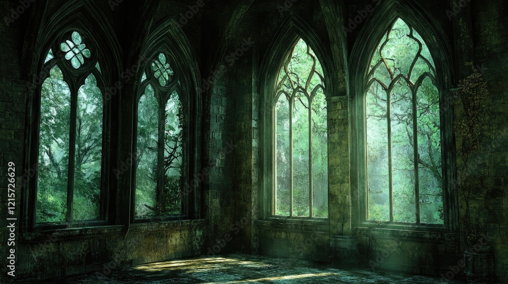 Aufkleber gothic architectural windows with nature view in an abandoned hall surrounded by greenery and soft l