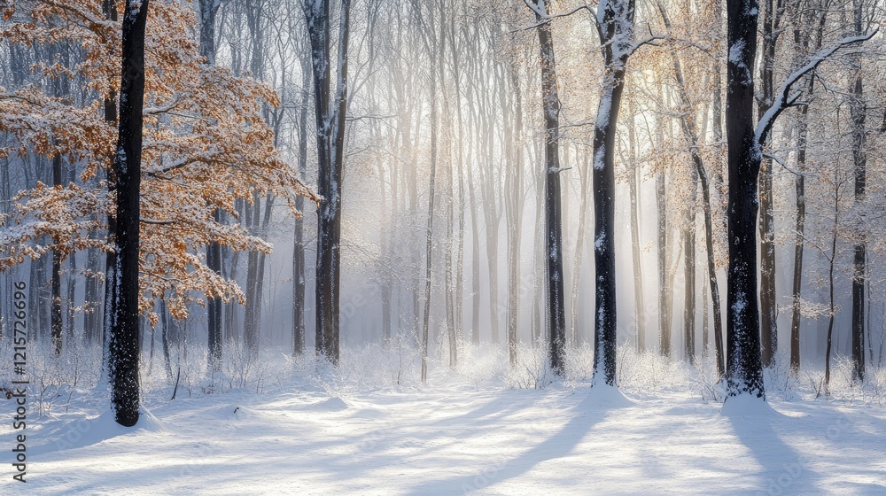 Poster serene winter forest with snow-covered ground and sunlight filtering through tall trees creating a t