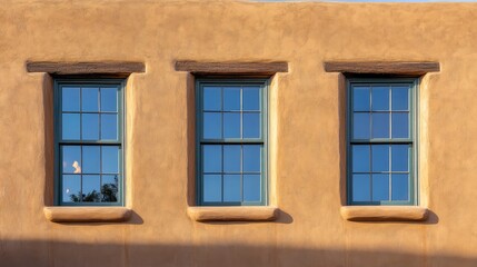 Windows of pueblo-style architecture reflecting the colors and textures in a serene downtown setting