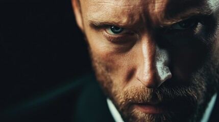Intense Corporate Male Portrait with Dark Background and Dramatic Lighting, Focus on Determined Expression and Sharp Blue Eyes