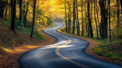 Obraz premium Curved road winding through a vibrant autumn forest with colorful leaves and warm sunlight illuminating the scene.