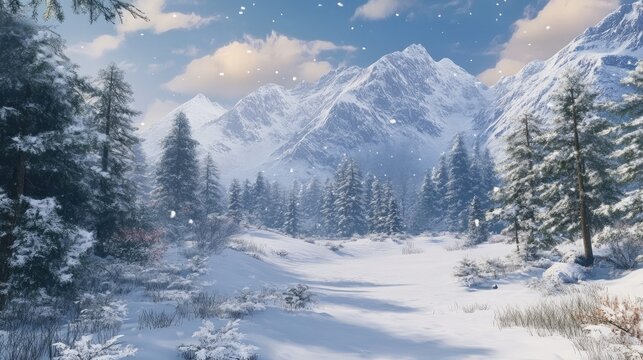 Mountainous winter landscape with fir trees and a snow-covered glade under a serene sky with soft falling snowflakes - Powered by Adobe