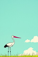 Fototapeta premium Graceful Stork with Long Legs Standing in a Bright Blue Sky Surrounded by Soft Clouds and Lush Green Grass