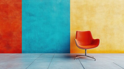 Vibrant orange chair against teal and mustard yellow textured walls in a modern workspace concept illustrating corporate culture and healthy workplace dynamics