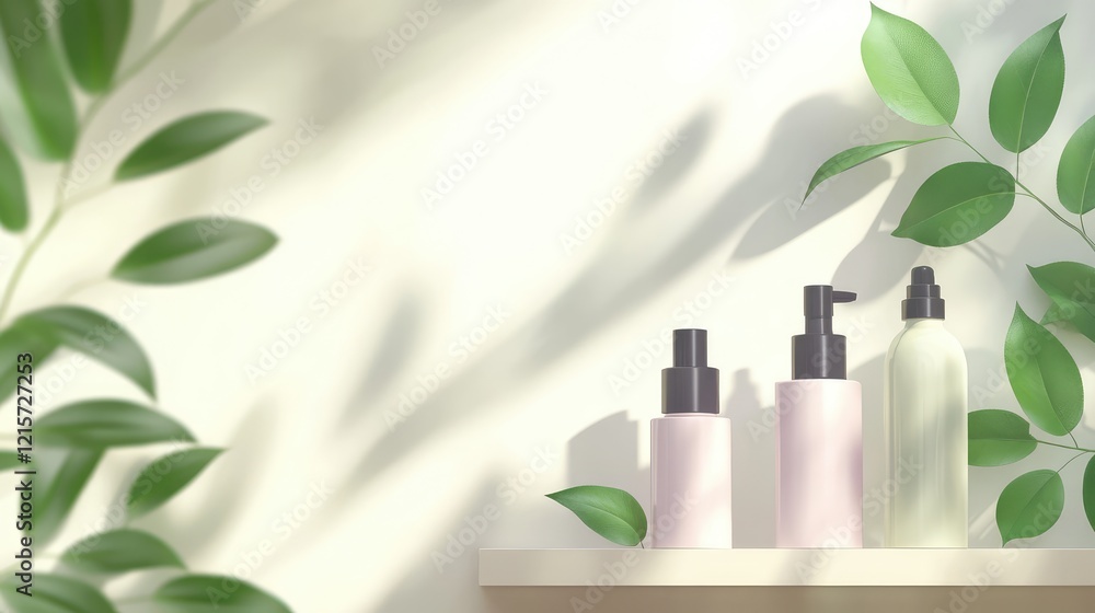 Poster cosmetic product bottles arranged on a shelf surrounded by green leaves, with a light background cas