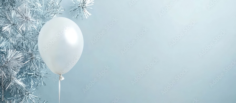 Poster winter holiday concept featuring a white balloon against a soft light blue background adorned with s