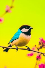 Obraz premium Lively Sparrow Perched on Delicate Branch with Colorful Blossoms Against Vibrant Background