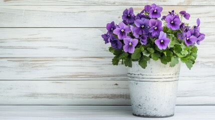 Fototapeta premium Rustic White Wooden Background Featuring Vintage Metal Vase Filled with Vibrant Purple Violets and Fresh Green Leaves