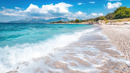 Fototapeta premium Gentle white waves crashing on rocky shoreline with turquoise waters and vibrant blue sky under fluffy white clouds in a serene coastal landscape.