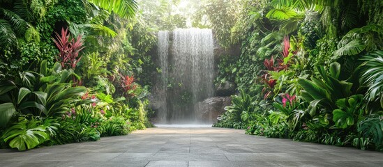 Lush tropical landscape featuring cascading waterfalls, vibrant greenery, and abundant foliage with clear foreground space for text.