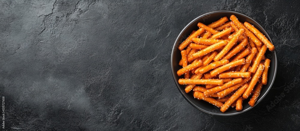 Poster healthy snack bowl of carrot sticks on dark textured background with empty copy space for text and p