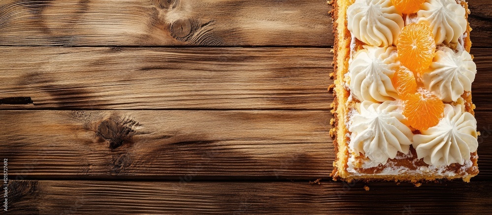 Aufkleber carrot cake topped with orange whipped cream on a rustic wooden table with ample empty space for tex