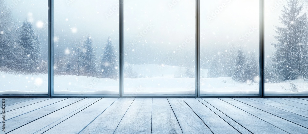 Poster winter landscape through panoramic window with snowfall and empty space for seasonal text and decora