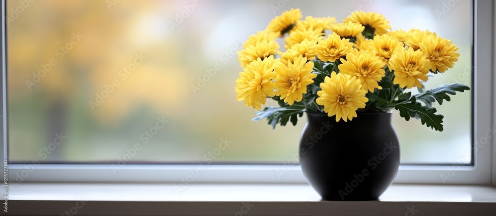 Poster yellow chrysanthemums in black vase on sunny windowsill with blurred background and ample space for 