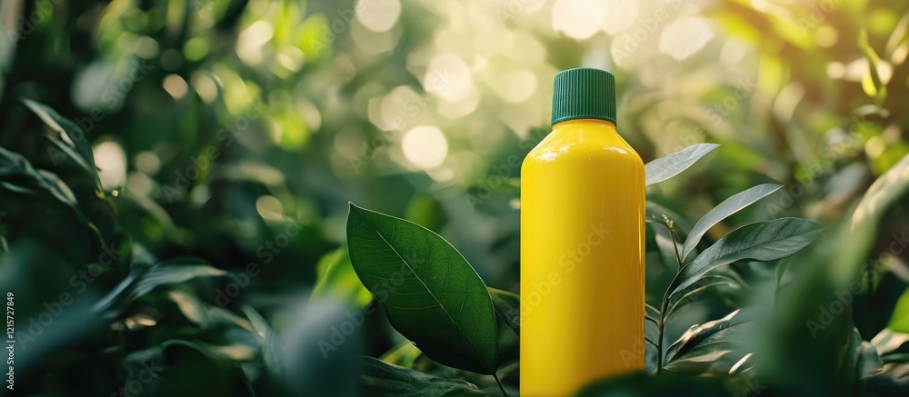 Poster yellow bottle on lush green foliage background with soft bokeh effect creating empty space for your 