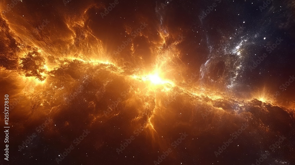 Poster cosmic dark matter clouds in space with orange and black tones for astronomical background with deep