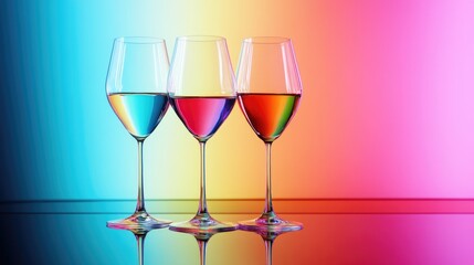 Elegant wine glasses filled with colorful liquids on a reflective surface against a vibrant gradient background
