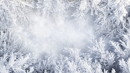 Frosted tree branches in winter creating a serene snowy background perfect for seasonal designs and holiday themes