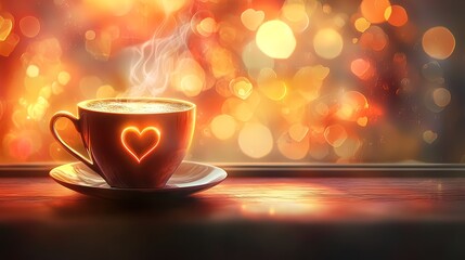Obraz premium Steaming cup of coffee with heart design on a warm, bokeh background.