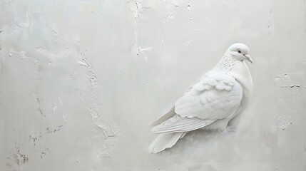 A beautiful white dove is perched on a textured white background.
