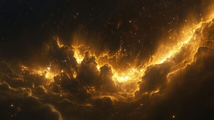 Fototapeta premium Cosmic collection of luminous golden nebula clouds and shimmering stars in deep space with dark background and ample empty copyspace for text