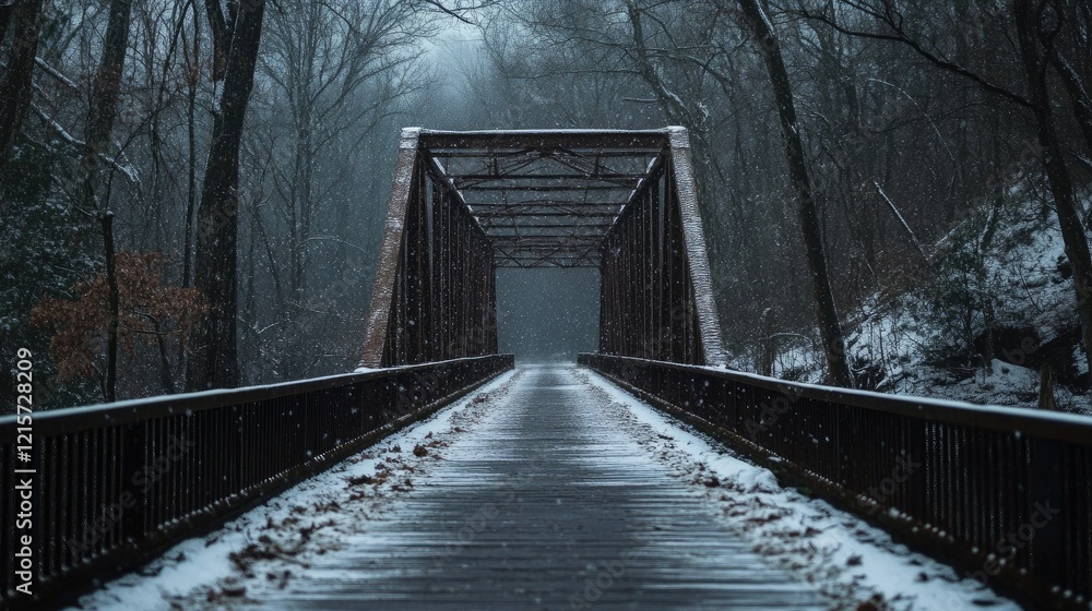 Poster winter bridge in snowy forest setting with fog and trees in the background creating a mysterious atm