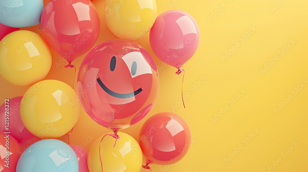 Poster this is a 3d rendering of a bunch of balloons in different colors with a smiley face on the largest 