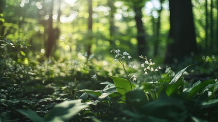 Delicate white lily of the valley wildflowers blooming in serene forest shade with vibrant green leaves and ethereal blurred background on sunny day