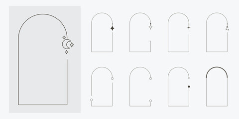 Zestaw ramek dekoracyjnych w minimalistycznym stylu z geometrycznymi dekoracjami, planetami i gwiazdami. Proste dekoracje do wykorzystania w projektach. © Monika