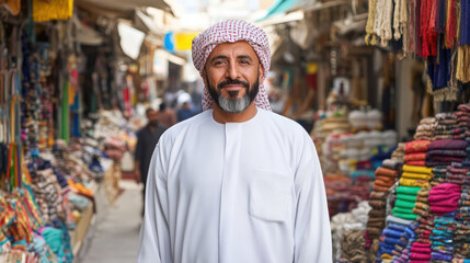 Obraz premium Traditional Arab man in thobe standing in vibrant market filled with textiles