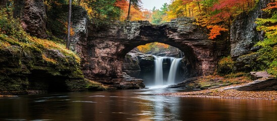 Fototapeta premium Cascading waterfall over twin rocks surrounded by autumn foliage with reflections in calm waters at scenic outdoor location in vibrant colors.