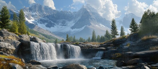 Obraz premium Cascading waterfall in a rocky mountain landscape with vibrant greenery and dramatic cloud formations under bright skies.