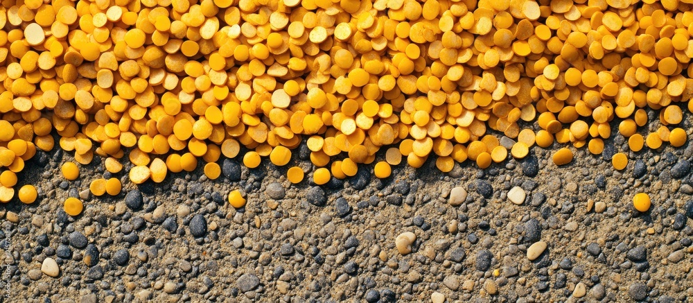 Poster yellow beads arranged on a textured pebble floor providing ample negative space for creative text an