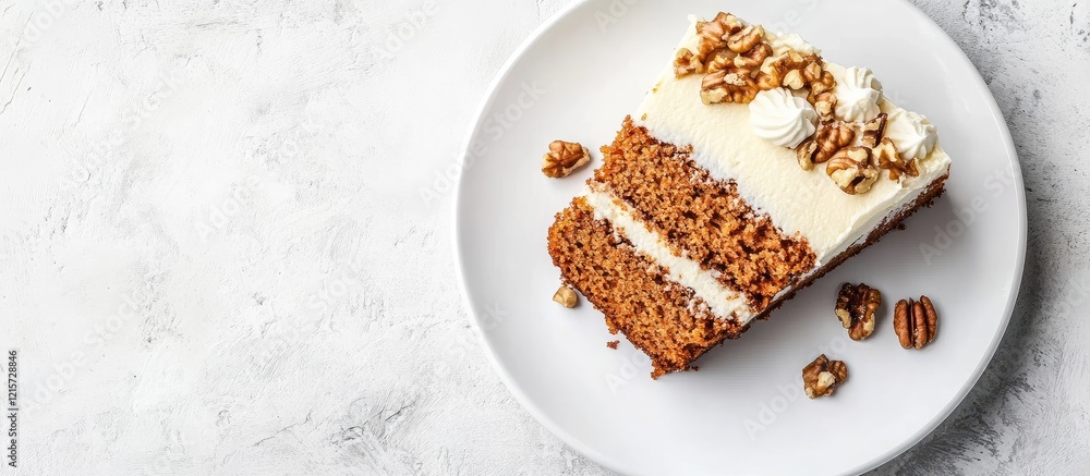 Poster carrot cake slice with cream cheese frosting and walnuts on a round white plate against a light text