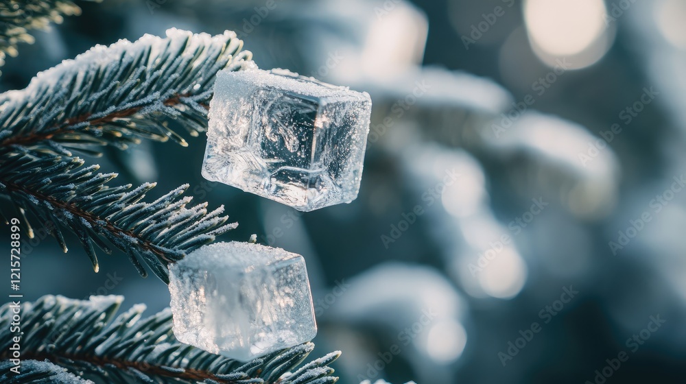 Poster winter scene featuring spruce branches adorned with glistening ice cubes creating a serene and frost