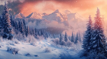 Serene winter morning in majestic mountains with snow-covered trees and glowing sunrise illuminating the landscape