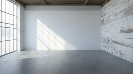 Fototapeta premium Minimalist Studio Space with White Wooden Walls and Concrete Flooring, Natural Light from Windows Casting Shadows