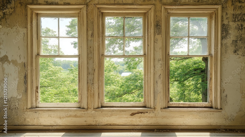 Poster weathered windows in an aged house showcasing vintage architecture and nature views through a rustic