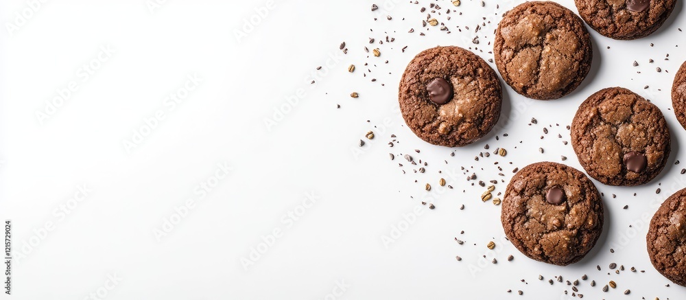 Poster whole grain chocolate cookies arranged on bright white background with generous blank space for text
