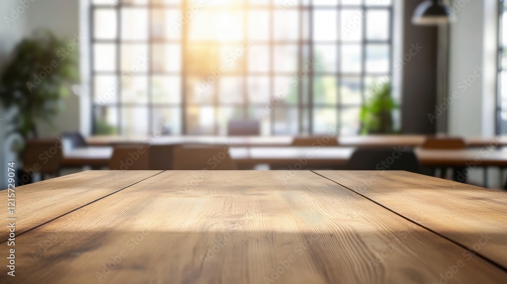Poster wooden table with empty copyspace for seminar presentations in a bright modern workspace with large 