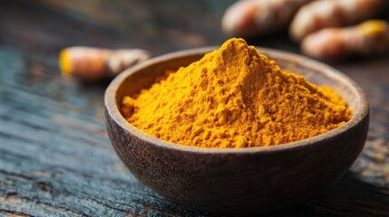 Curcuma powder in a wooden bowl highlighting its vibrant color and health benefits including anti-inflammatory properties