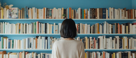 Organizing bookshelves, woman admires colorful collection of literature