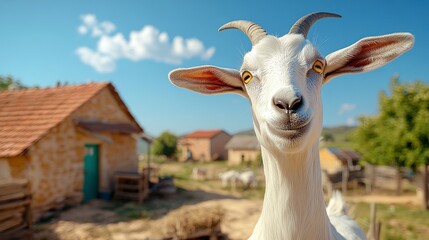 Fototapeta premium Playful goat with a charming expression in a sunny farmyard setting with rustic buildings