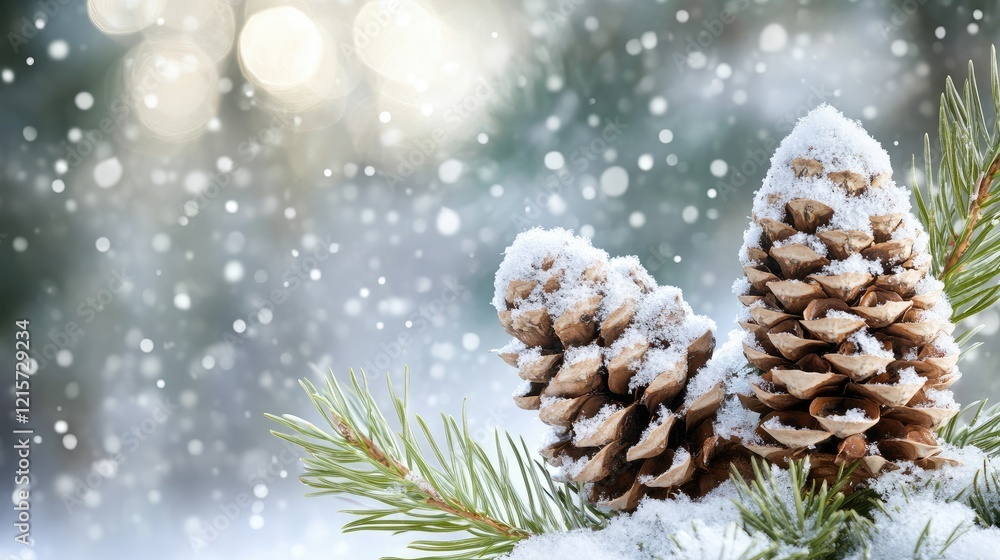 Poster snowy pine cones on evergreen branch with soft bokeh background ideal for winter holiday themes and 