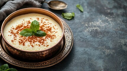 Copper Tray with Semolina Pudding Garnished with Fresh Mint Leaves on Rustic Background