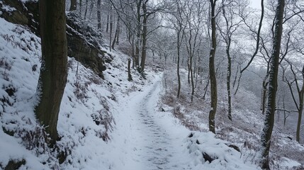 Scenic winter hiking trail in Peak District national park surrounded by snow-covered trees and serene natural landscape