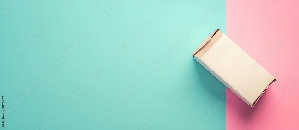 Poster carton box of milk on a solid pastel turquoise and pink background with ample empty copy space for t